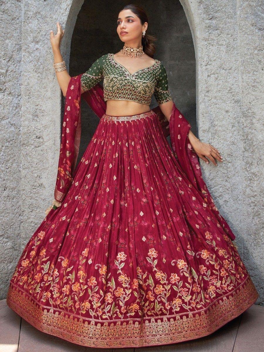 Maroon Floral Embroidered Pure Silk Designer Lehenga Choli Very Cheap