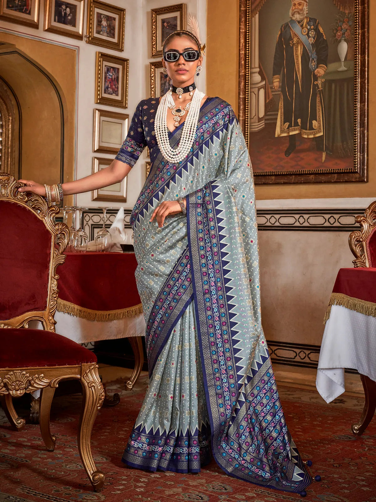 Designer Blue-Gray Silk Saree with Traditional Patola Design With Paypal Low Pice