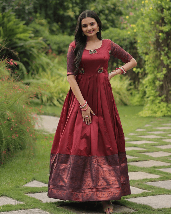 Maroon silk Printed Banarasi A-link Designer Gown Outlet Locations