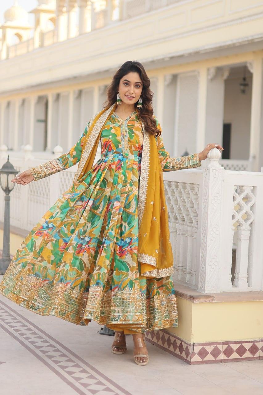 Floral Digital Printed Zari Sequins Worked Gown With Dupatta Good Selling Online