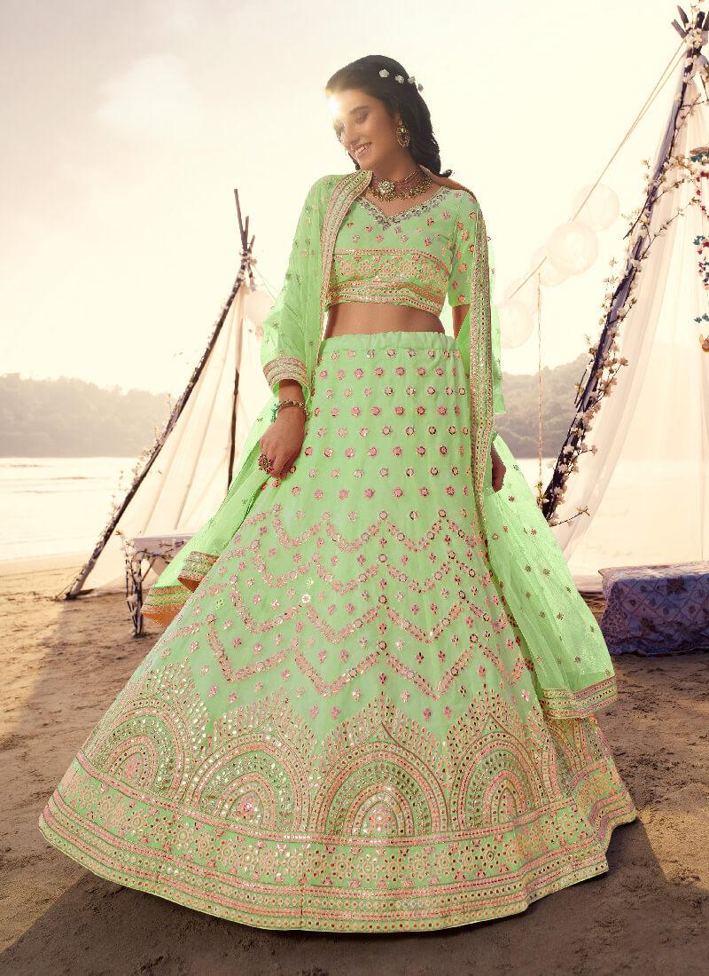 Soulful Green Foil Mirror Work Organza Lehenga Choli Set For Cheap Online