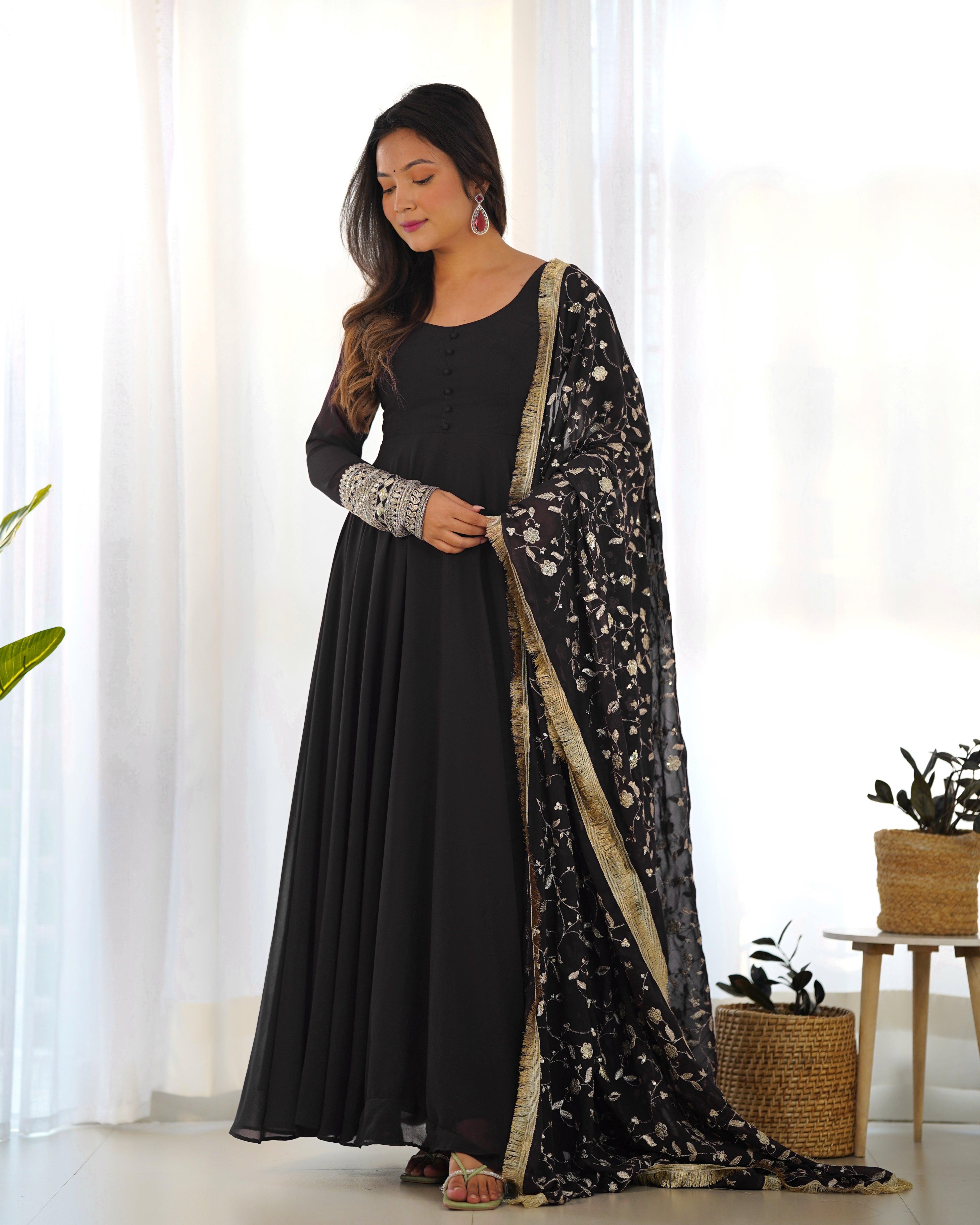 Black Color Georgette Gown With Applique Work Dupatta Buy Cheap With Mastercard