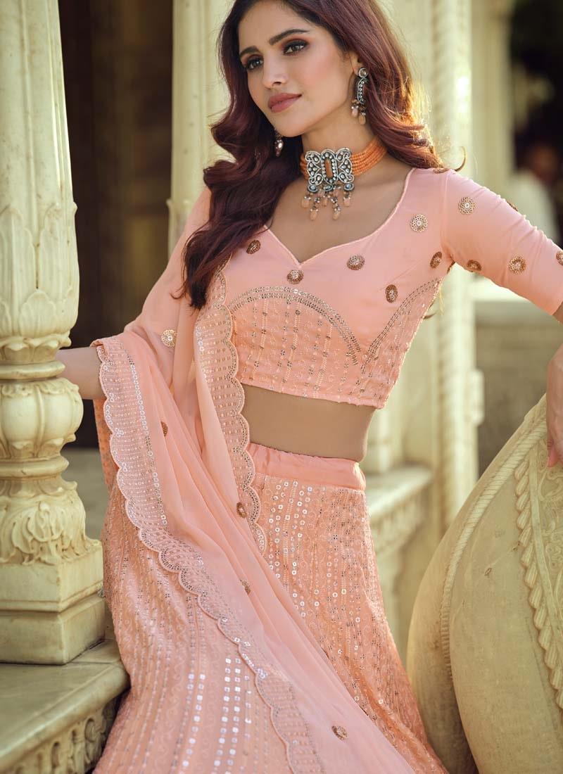 Elegant Georgette Fabric Peach Color Sequins Work Lehenga Choli Pay With Paypal For Sale