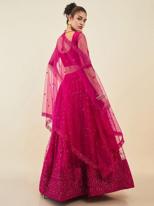 Pink Net embroidered and sequinned Flared lehenga Choli Free Shipping New Styles