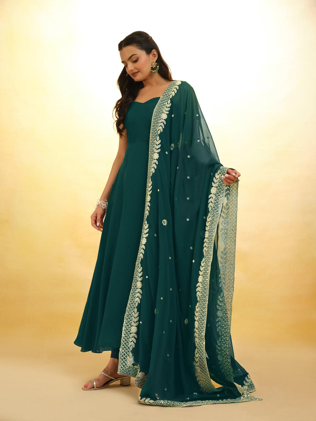 Teal Georgette ready-to-wear gown with dupatta Free Shipping Outlet Store