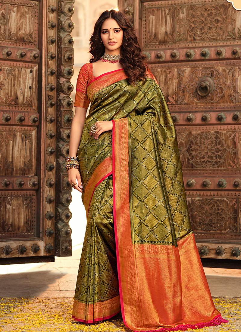 Olive Green Color Kanjiveram Soft Silk Saree With Contrast Blouse Free Shipping The Cheapest