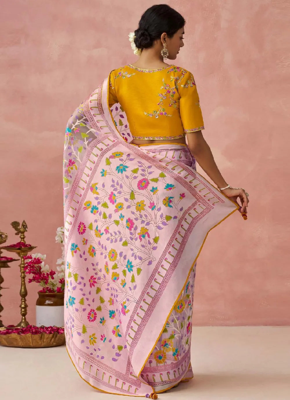 Pink Colored Organza Printed Woven Worked Designer Saree Cheap Sale Really