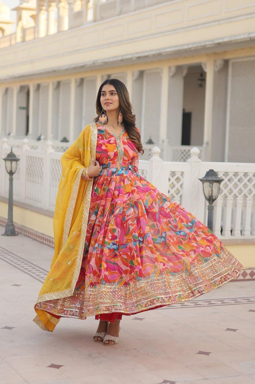 Floral Digital Printed Zari Sequins Worked Gown With Dupatta Good Selling Online