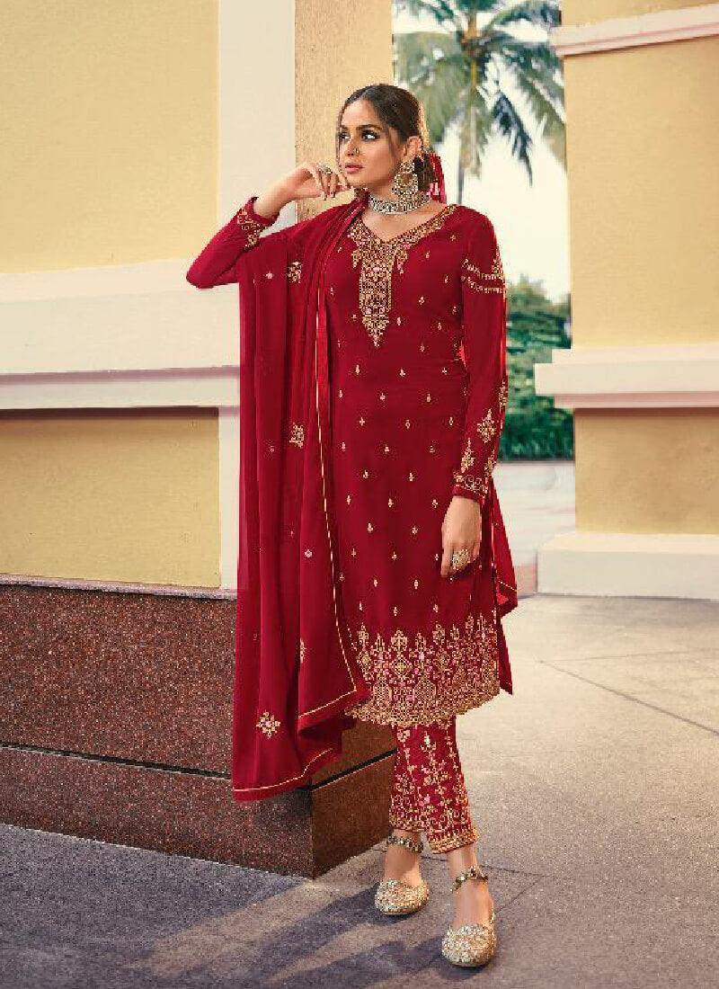 Eye-Captivating Red Color Georgette Designer Pant Style Salwar Suit From China Free Shipping Low Pice