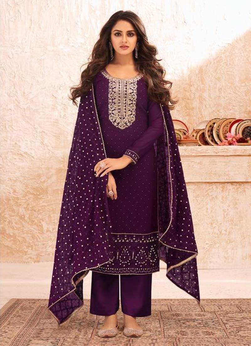 Purple Color Georgette Base Stone Work Salwar Kameez Recommend