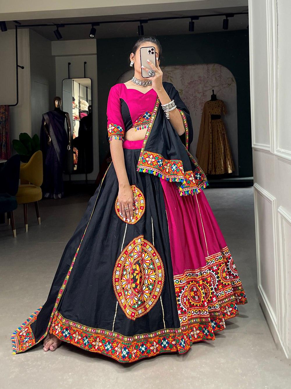 Black Pink Pure Cotton Gamthi Lace Border Worked Lehenga Choli Set Collections Online