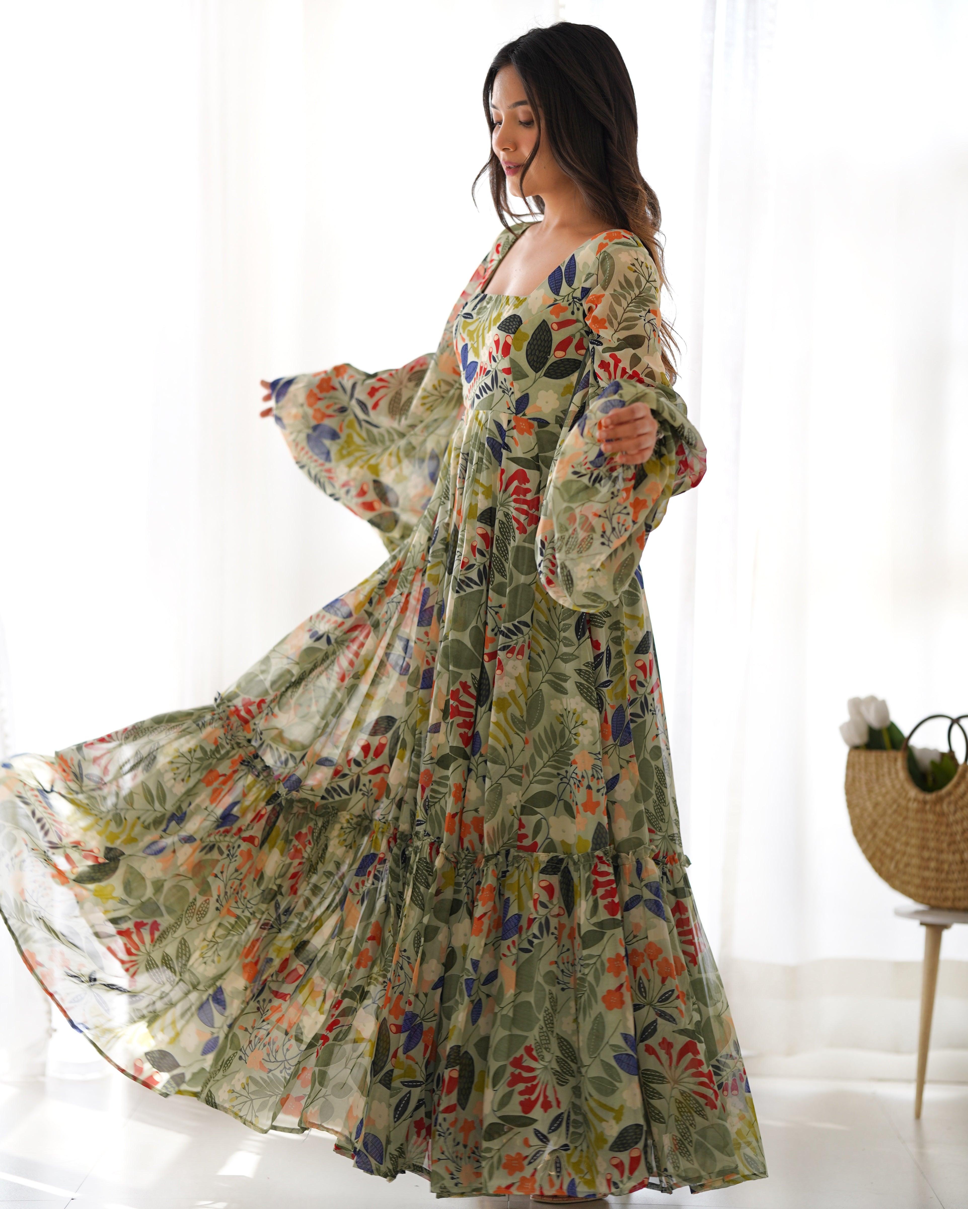 Multi color printed georgette base floral gown Sale Geniue Stockist