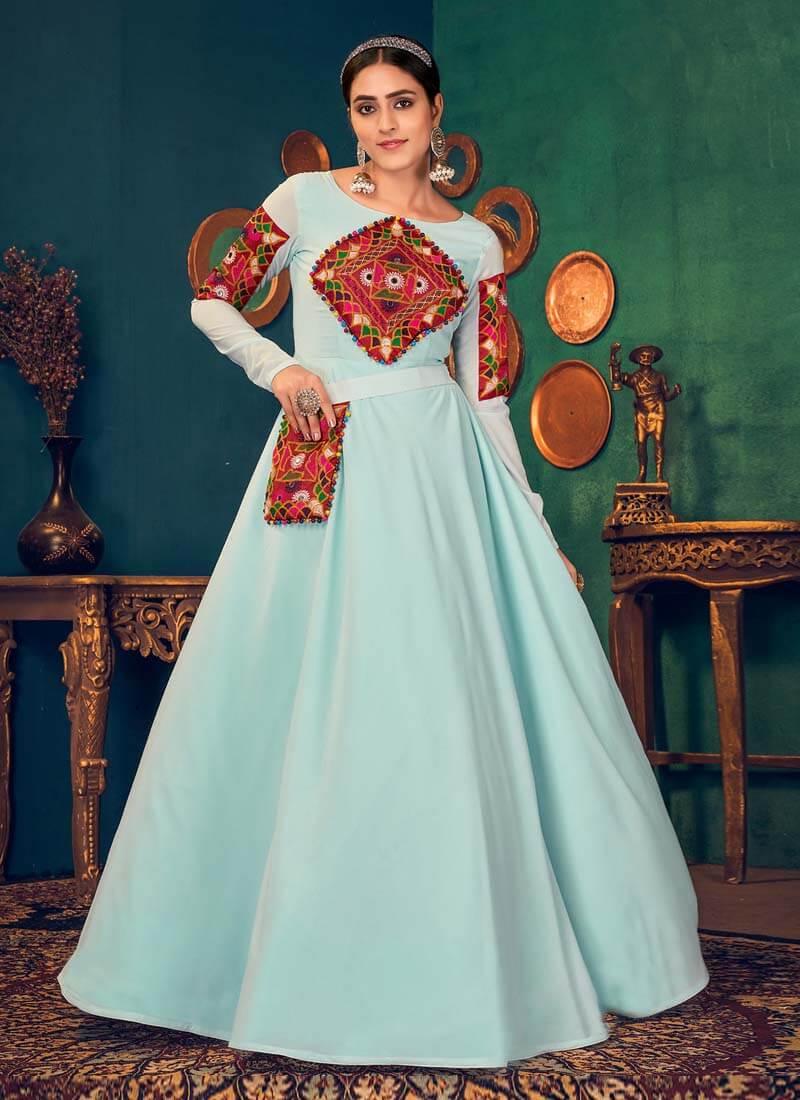 Real Mirror Work Base Navratri Wear Sky Blue Gown Discount Best Pices