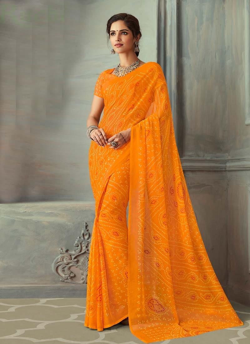 Outstanding Orange Color Bandhej Printed Chiffon Base Saree Marketable For Sale