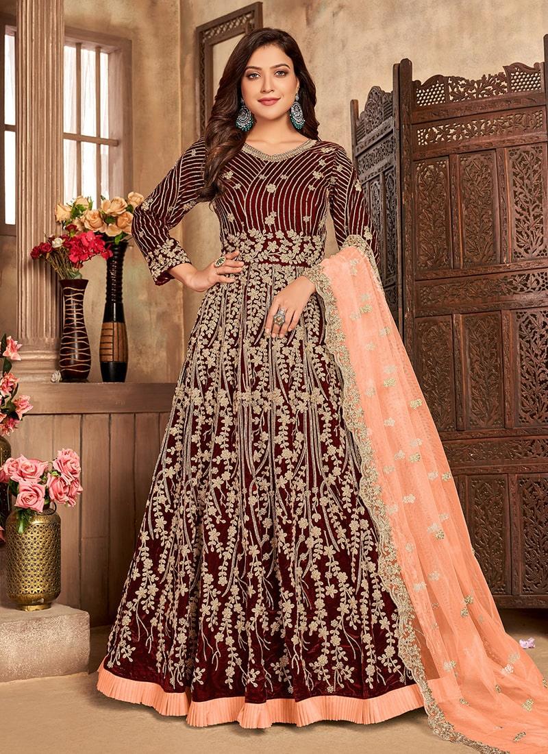 Maroon Color Velvet Fabric Gown With Net Dupatta Cheap Sale Online Online