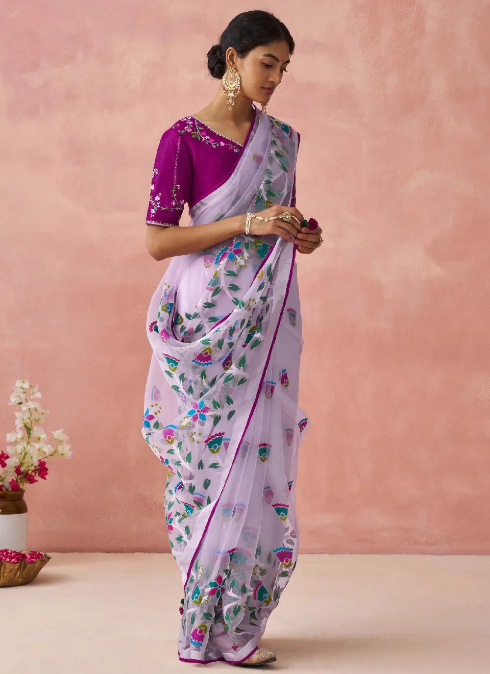 Violet Colored Organza Printed Woven Worked Designer Saree Cheap Sale Professional