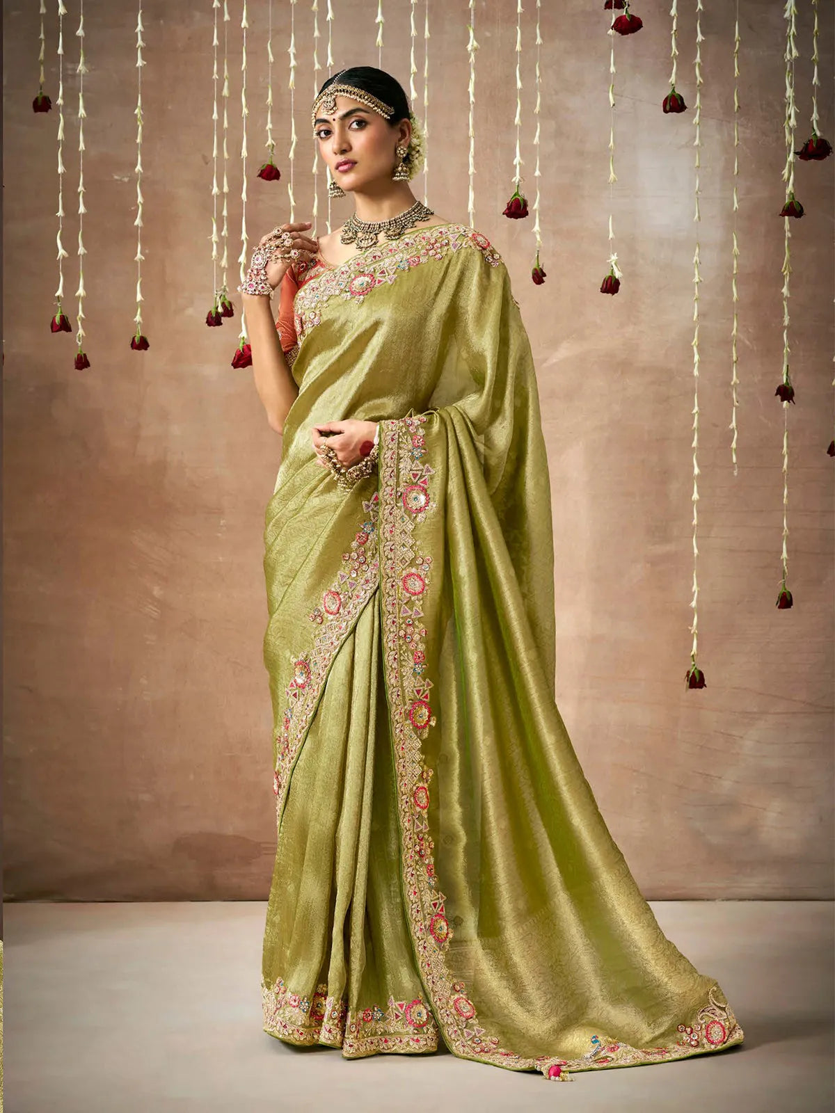 Blazing Olive Green Designer Silk Embroidered Saree New Online