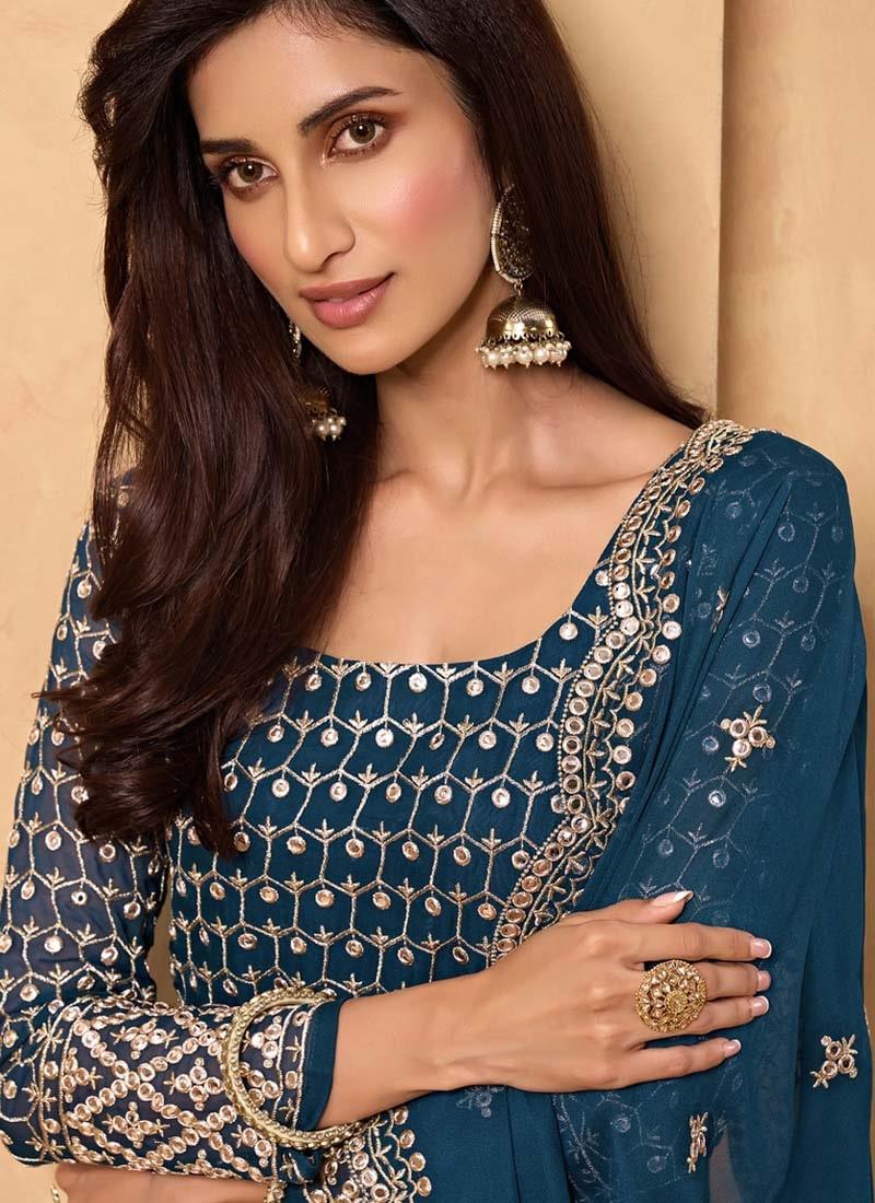 Zari And Mirror Work Blue Color Georgette Base Sharara Salwar Suit Cheap Sale Really