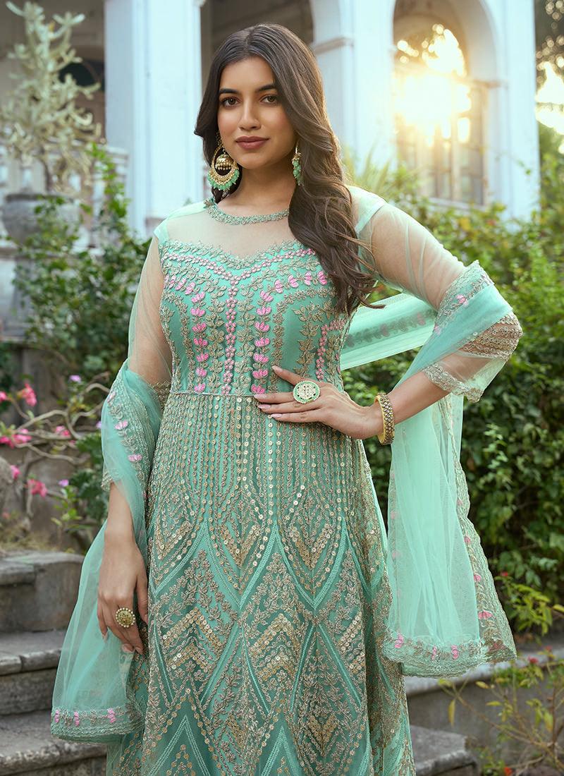 Resham Work Sea Green Net Anarkali Cheap Store