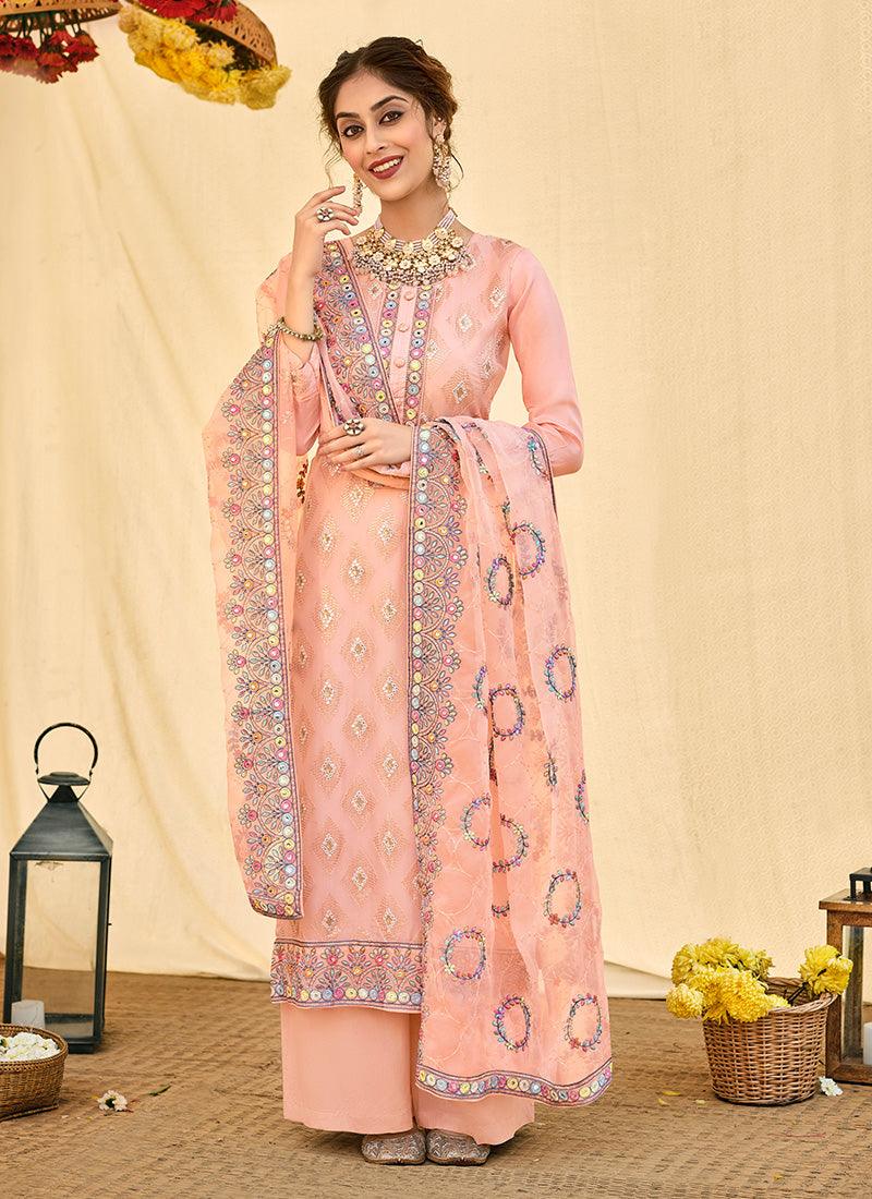 Peach Color Organza Base Palazzo Salwar Suit With Sequins Work Sale 2025 Newest