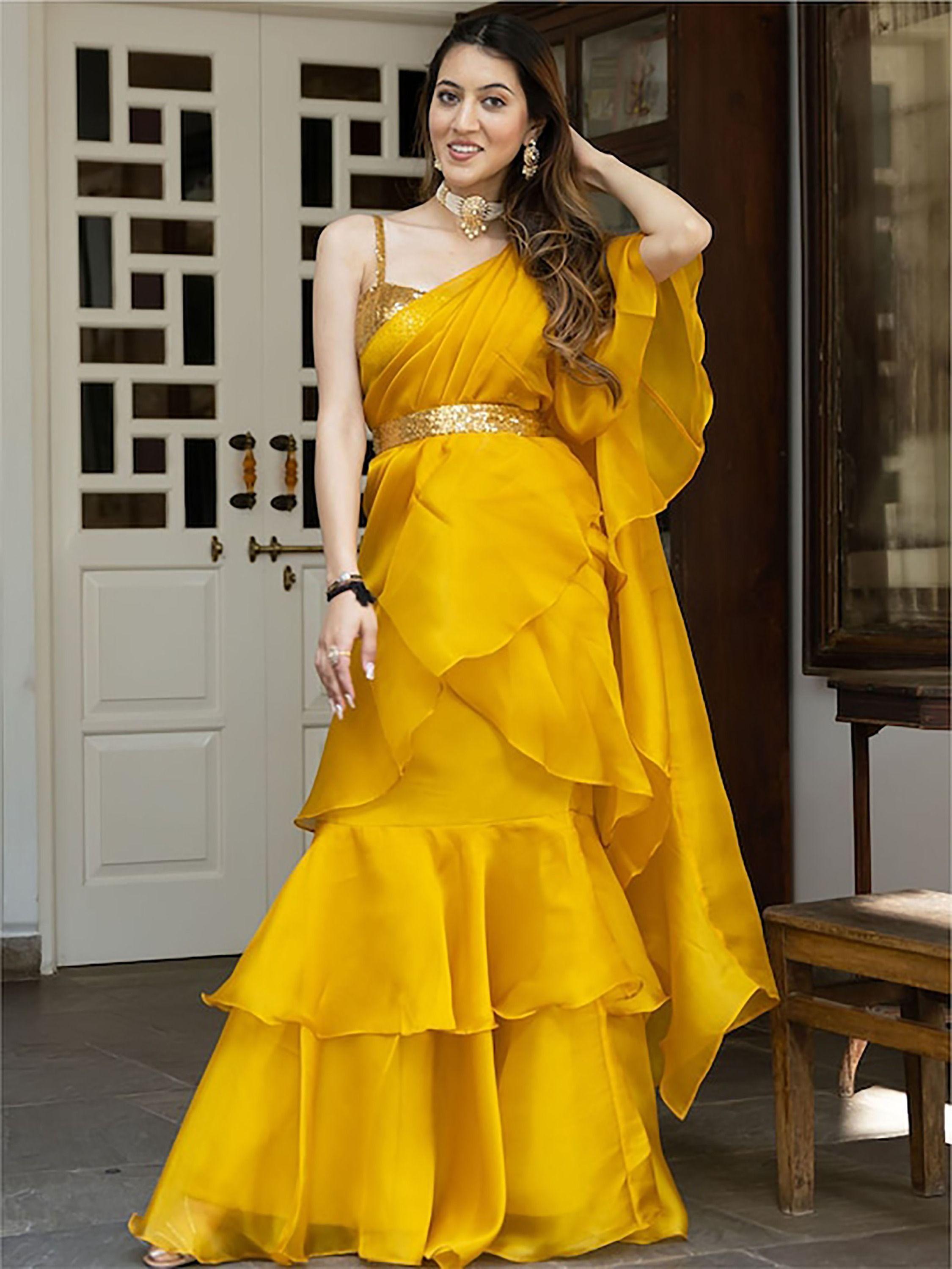 Mustard Yellow Organza Ready-to-wear Ruffle saree Quality From China Wholesale