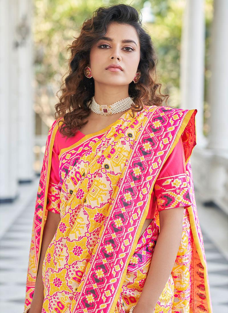 Yellow Patola Print Silk Weaving Saree Low Cost Online