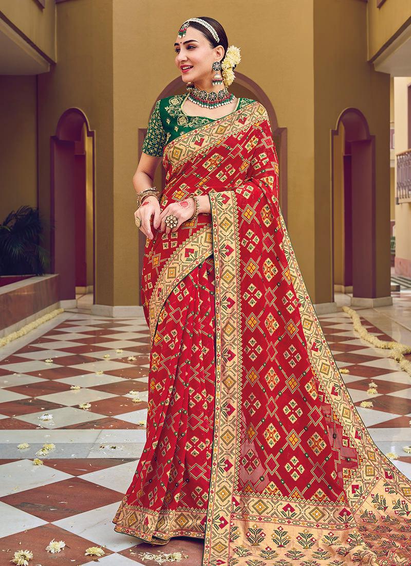 Double Blouse Georgette Base Red Patola Saree Fashion Style Online