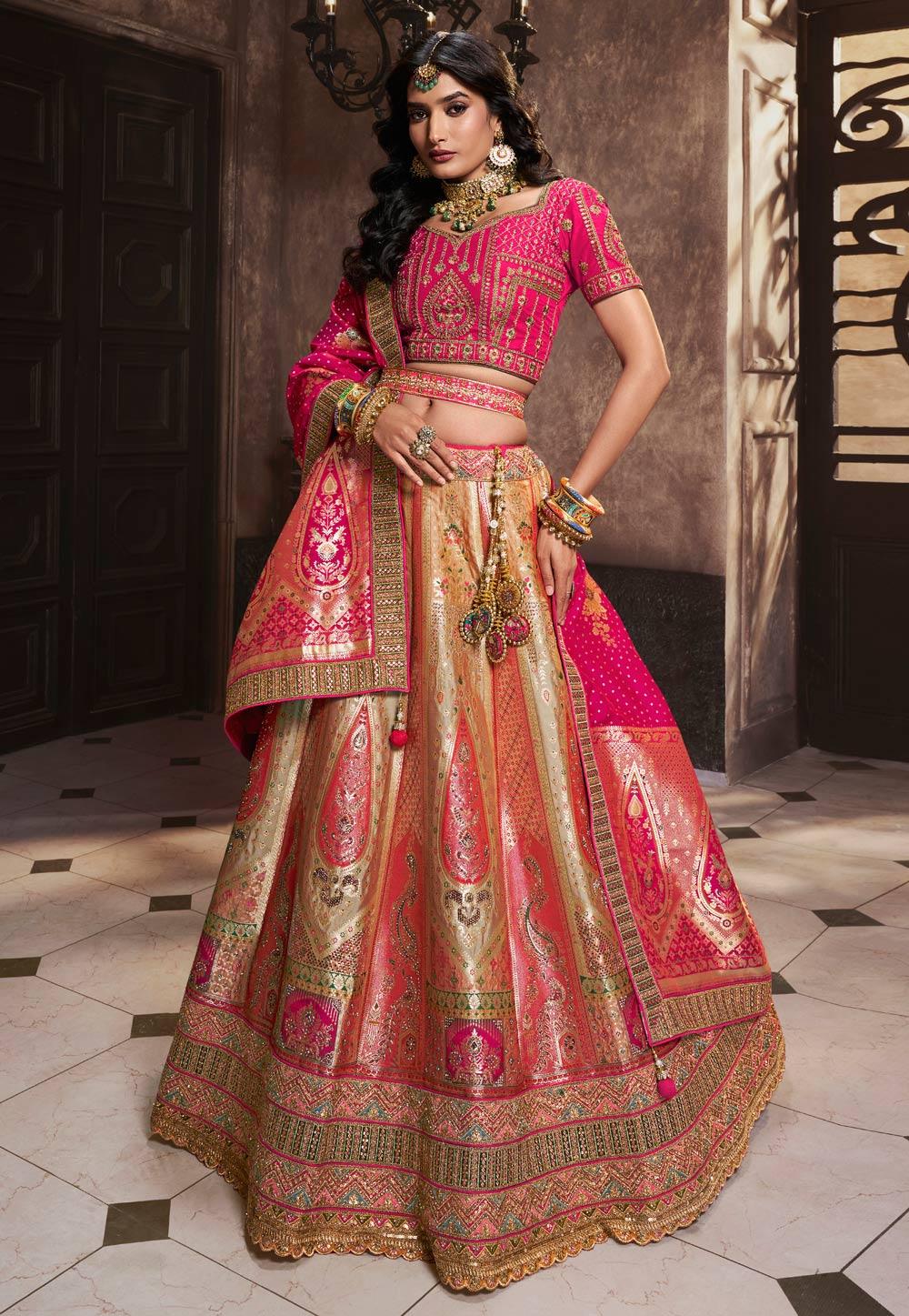 Beige Pink Banarasi Silk Sequins Embroidered Wedding Lehenga Choli Set Outlet Big Discount