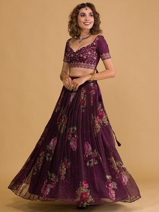 Purple Organza printed embroidered Flared Lehenga choli Buy Cheap Footlocker