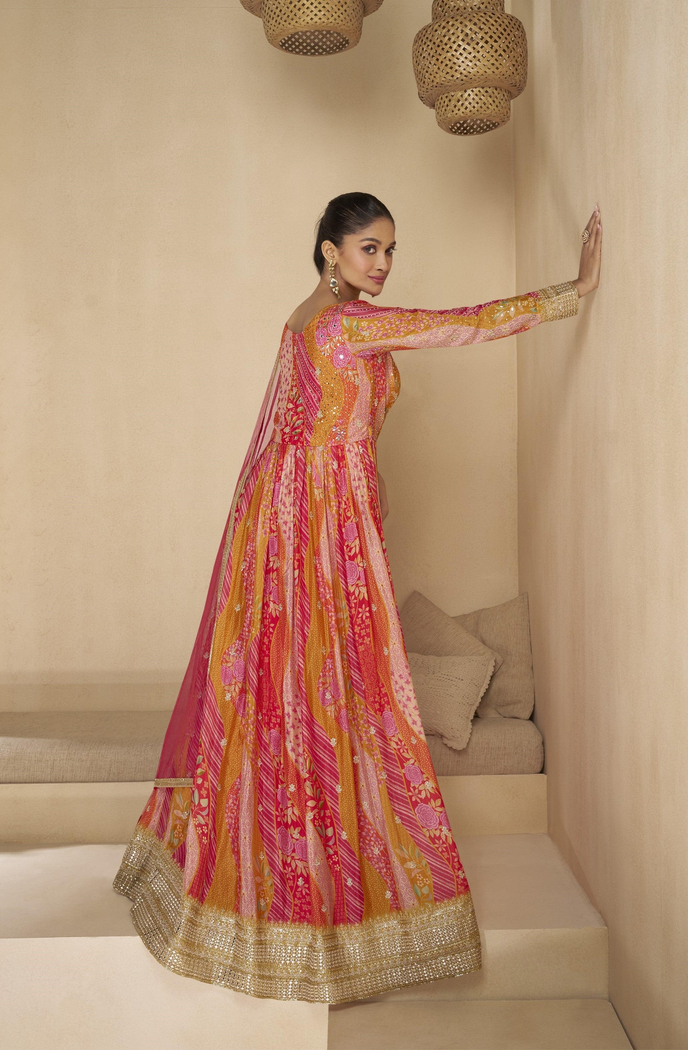 Orange Pink Pure Georgette Printed Embroidered Designer Gown Clearance Hot Sale