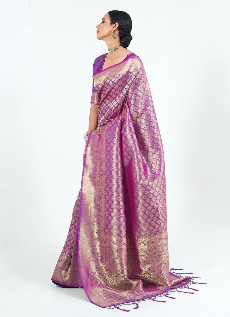 Engaging Look Purple Color Silk Fabric Silk Weave Embroidered Saree Latest