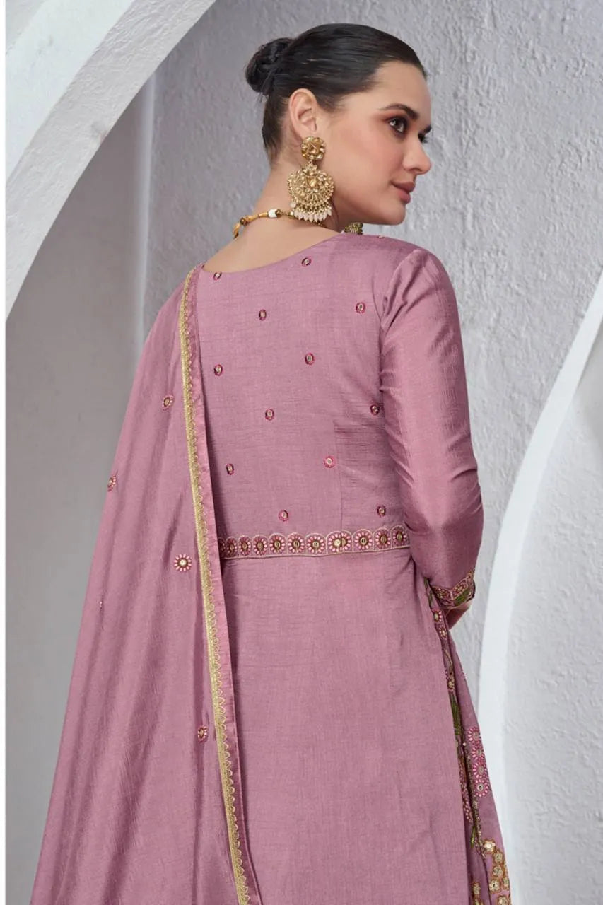 Ethnic Designer  Mauve Viscos Silk Embroidered Gown With Skirt Authentic For Sale