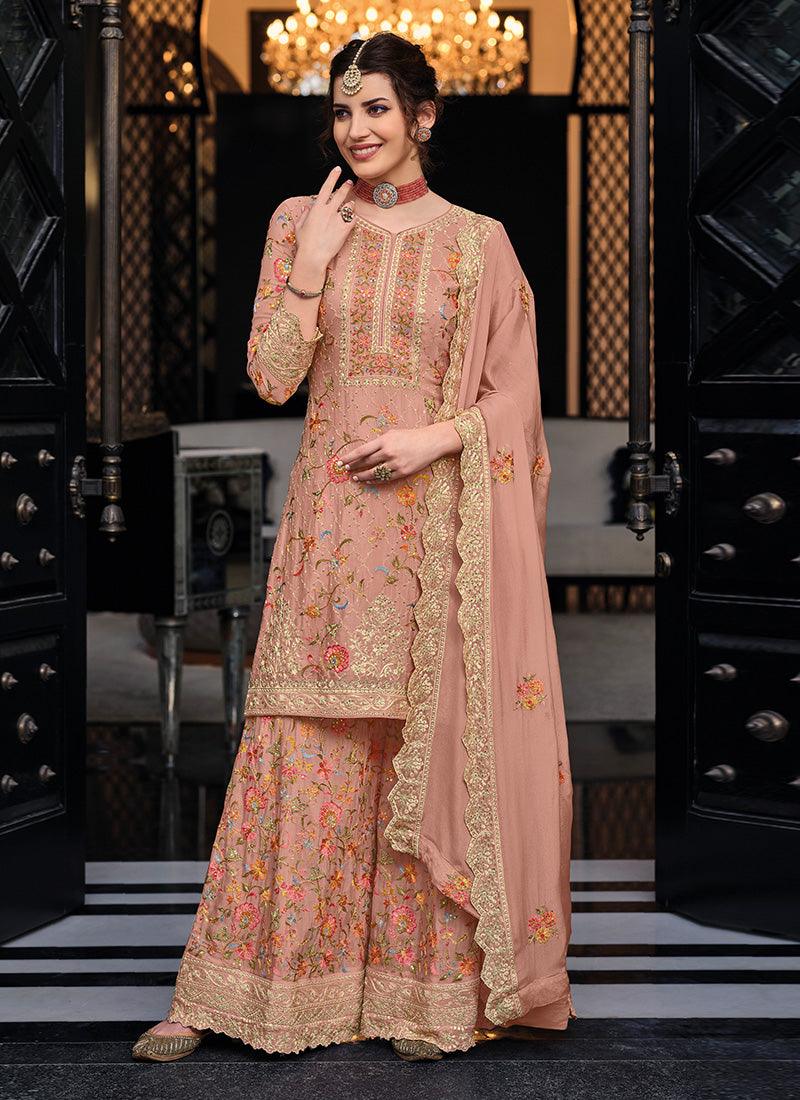 Georgette Base V-Neck Beige Palazzo Suit Factory Outlet