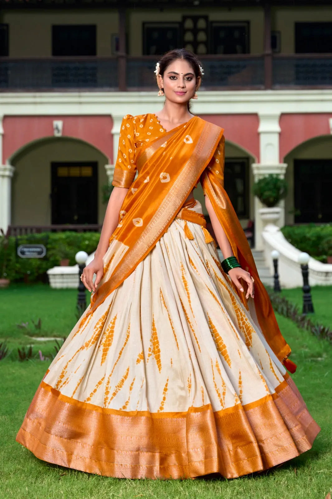 Mesmeric Dola Silk Shibori Printed Mustard lehenga Choli Free Shipping High Quality