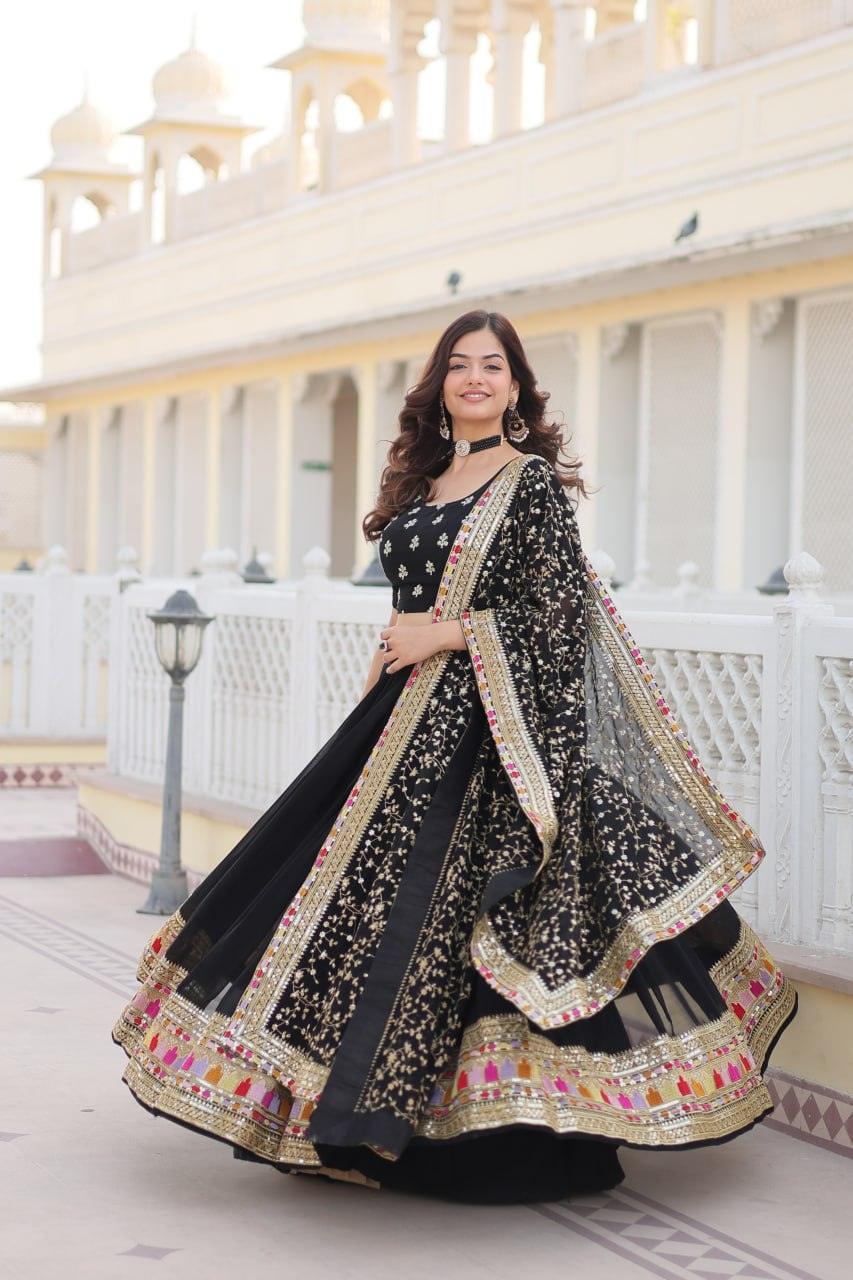 Stunning Black Faux Georgette Heavy Thread Sequins Embroidered Lehenga Choli Set Outlet Online Shop