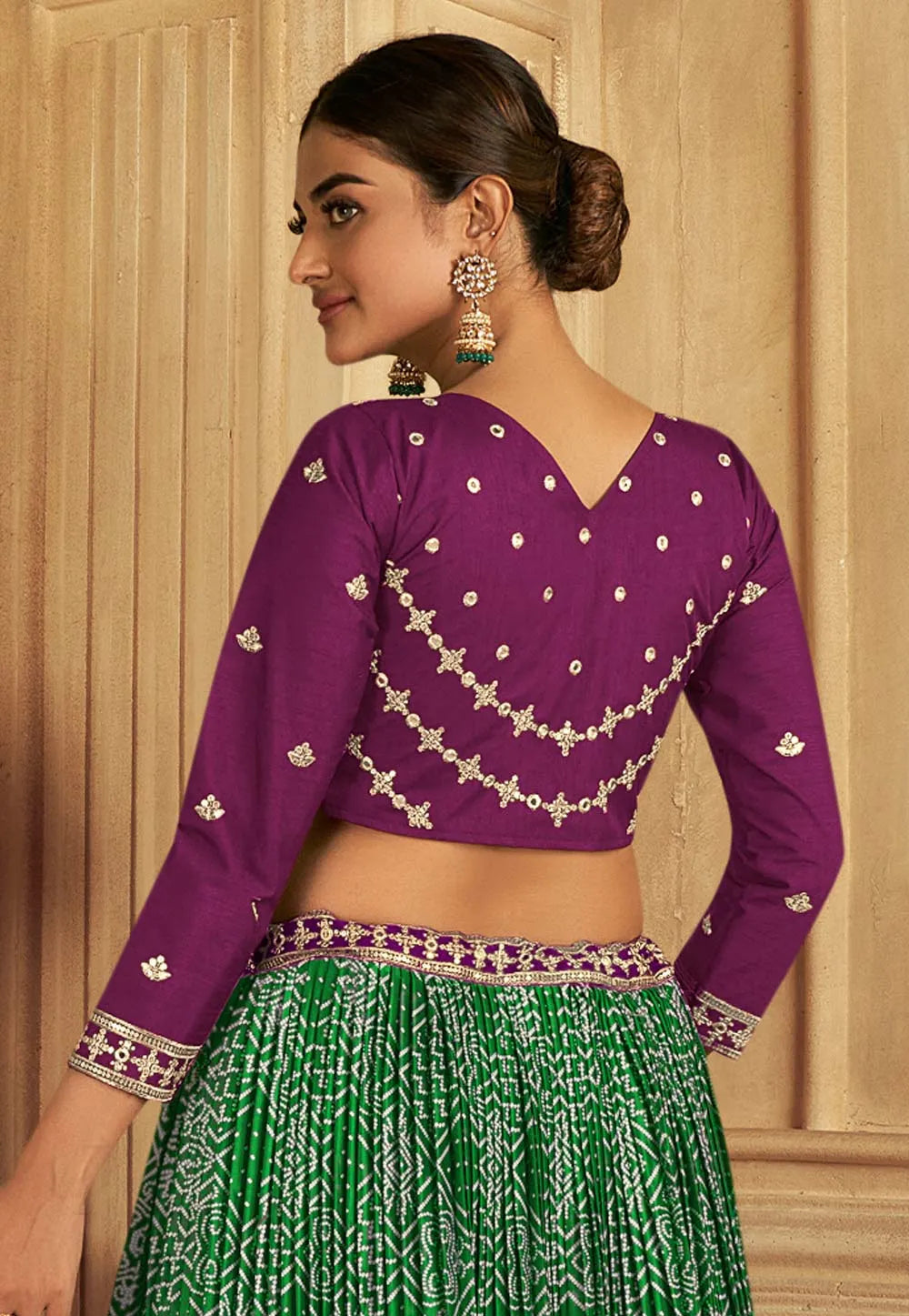 Fabulous Gaji Silk Green-Purple Patola Printed Lehenga Choli For Sale For Sale