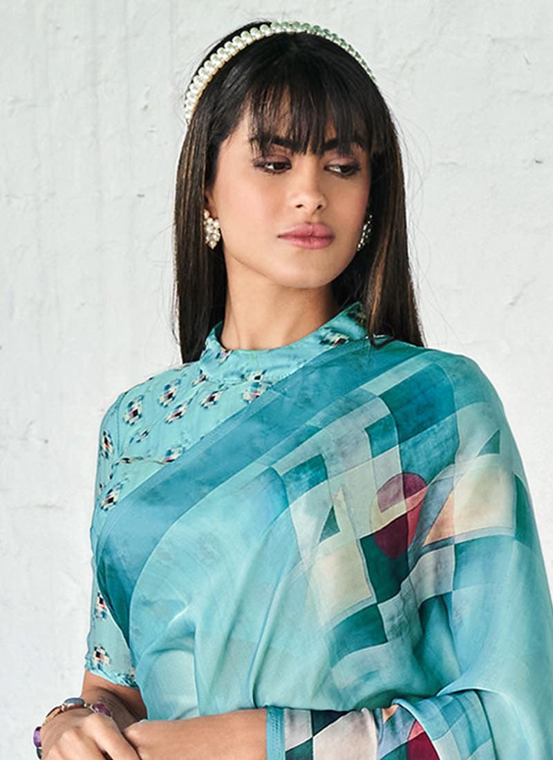 Ice Blue Printed Saree With Fancy Blouse Cheap Best Place