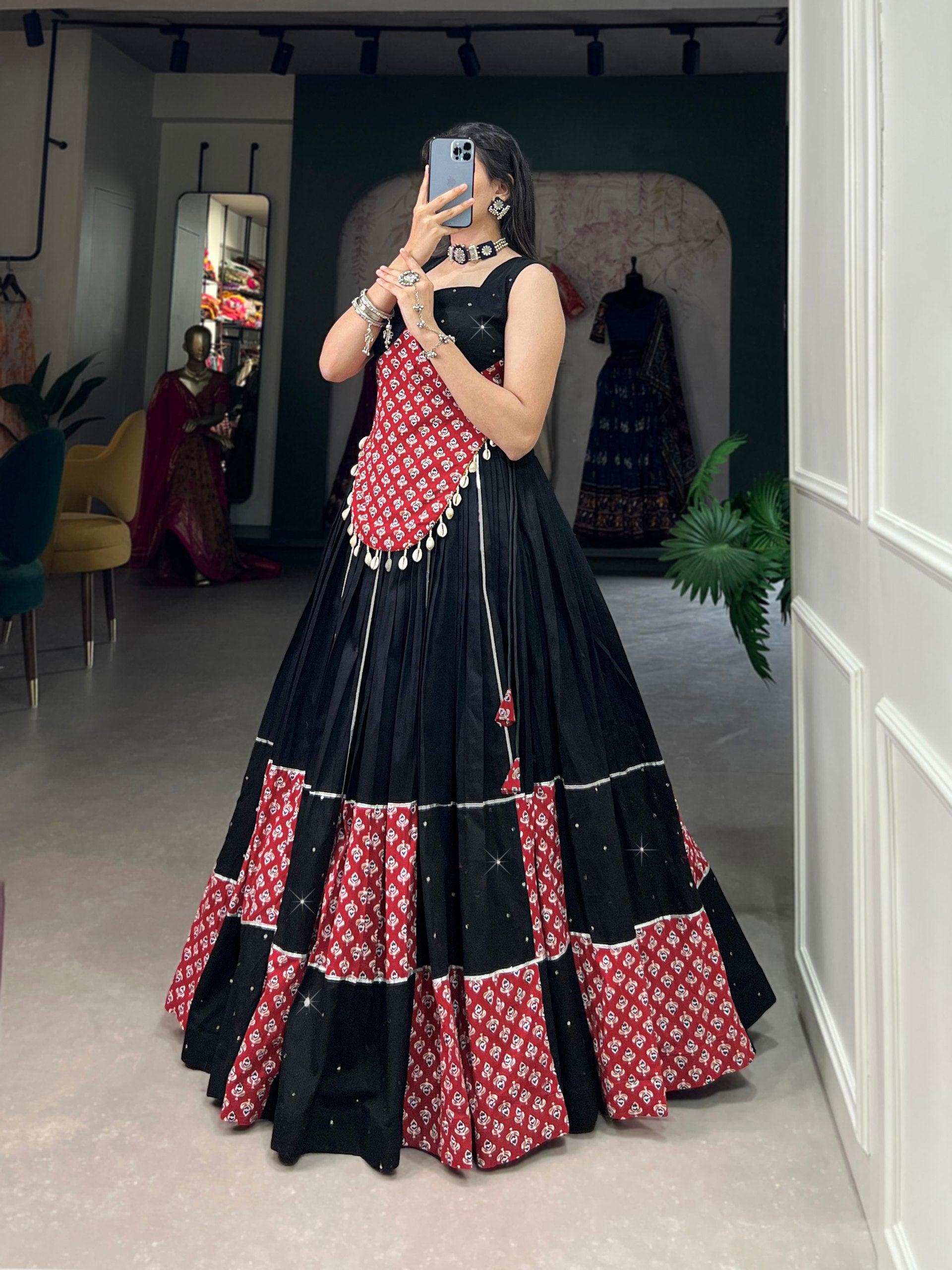 Black Colored Printed Foil Mirror Gota Patti Worked Navratri Lehenga Set Where To Buy Low Pice