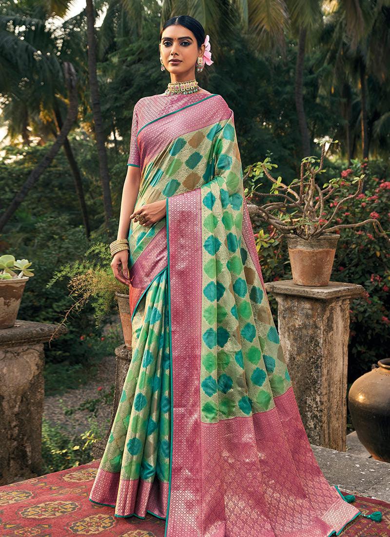 Classic Wear Printed Sea Green Organza Saree Cheap Store