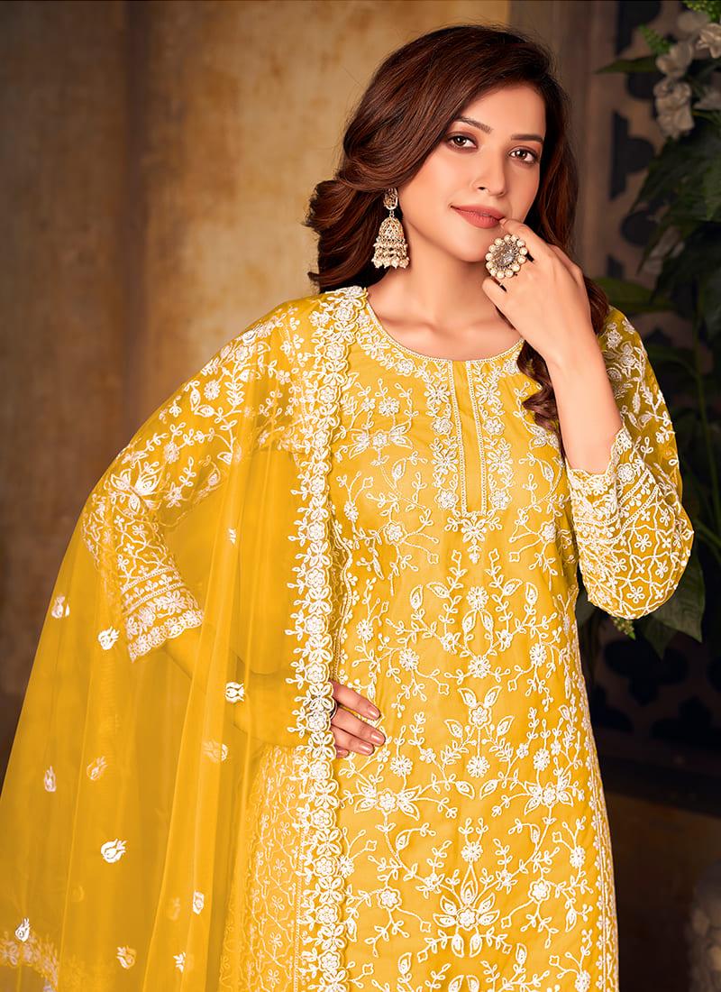 Yellow Color Embroidered Top Palazzo Dress Online For Sale