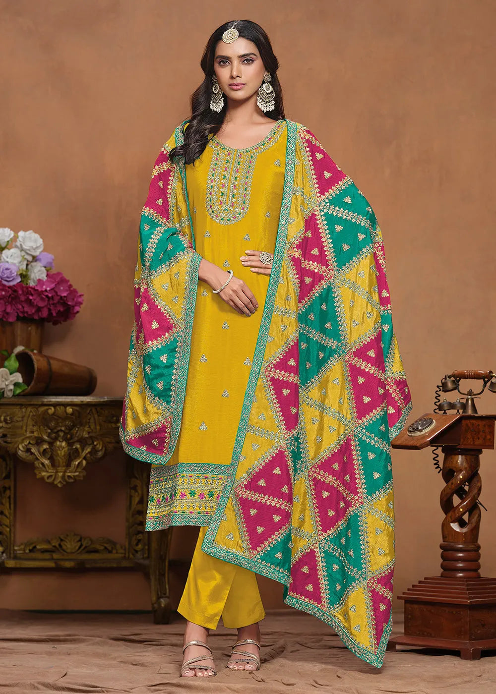 Glowing and Dazzling Chinon Silk Yellow Salwar Suit For Sale Wholesale Pice