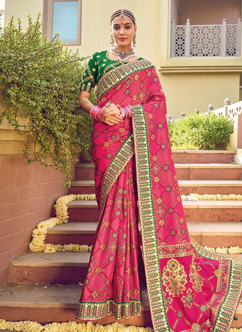 Double Blouse Rani Pink Patola Silk Saree Pay With Paypal