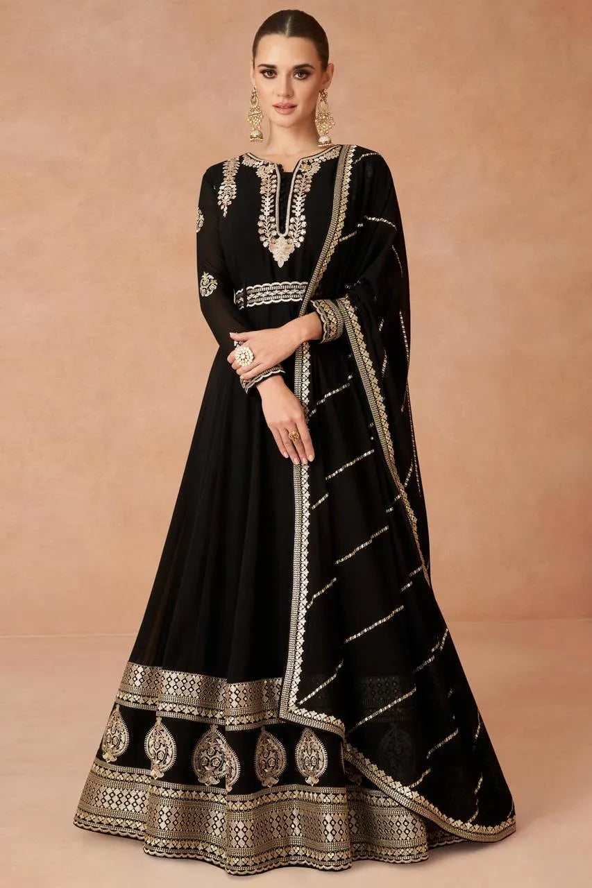 Designer Black Faux Georgette Embroidered Gown With Belt Cheap Sale 2025