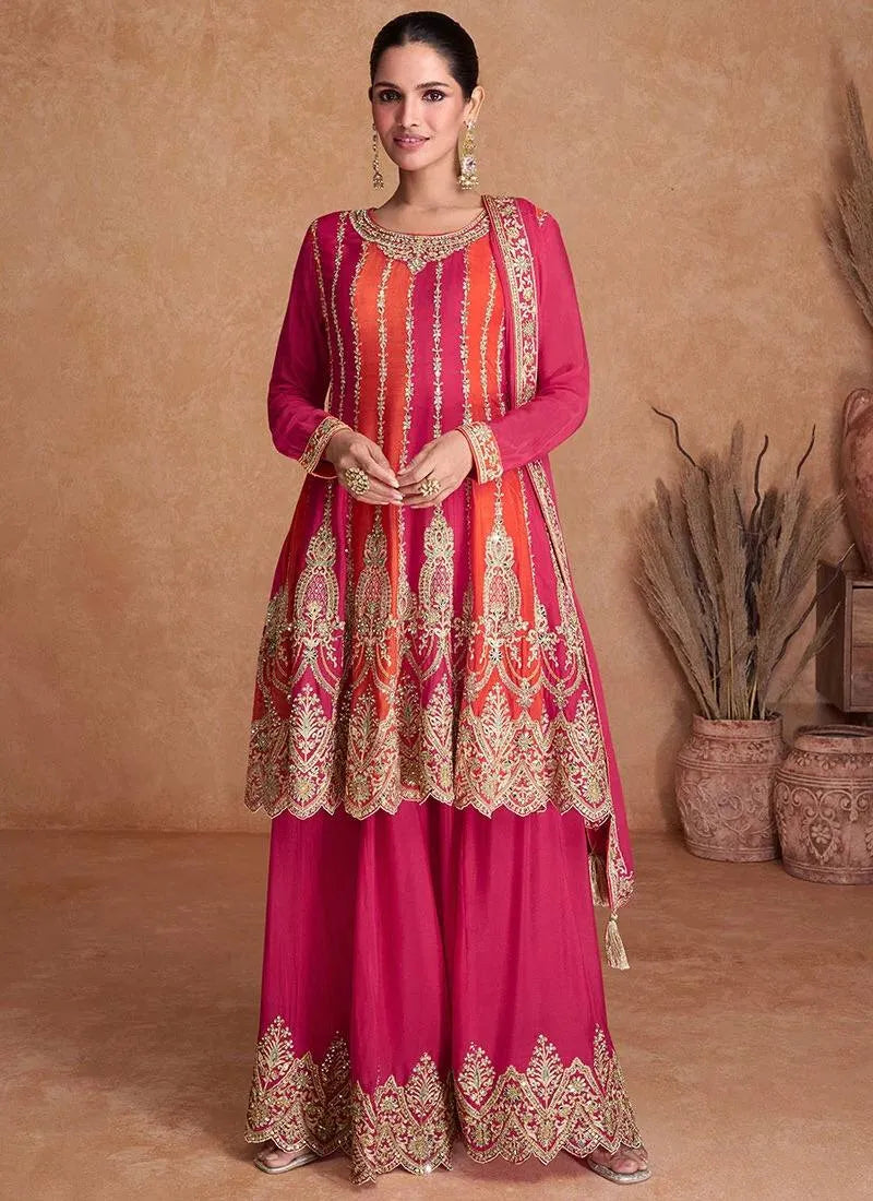 Exquisite Pink-Orange Embroidered Chinon Palazzo Suit Buy Cheap Big Discount