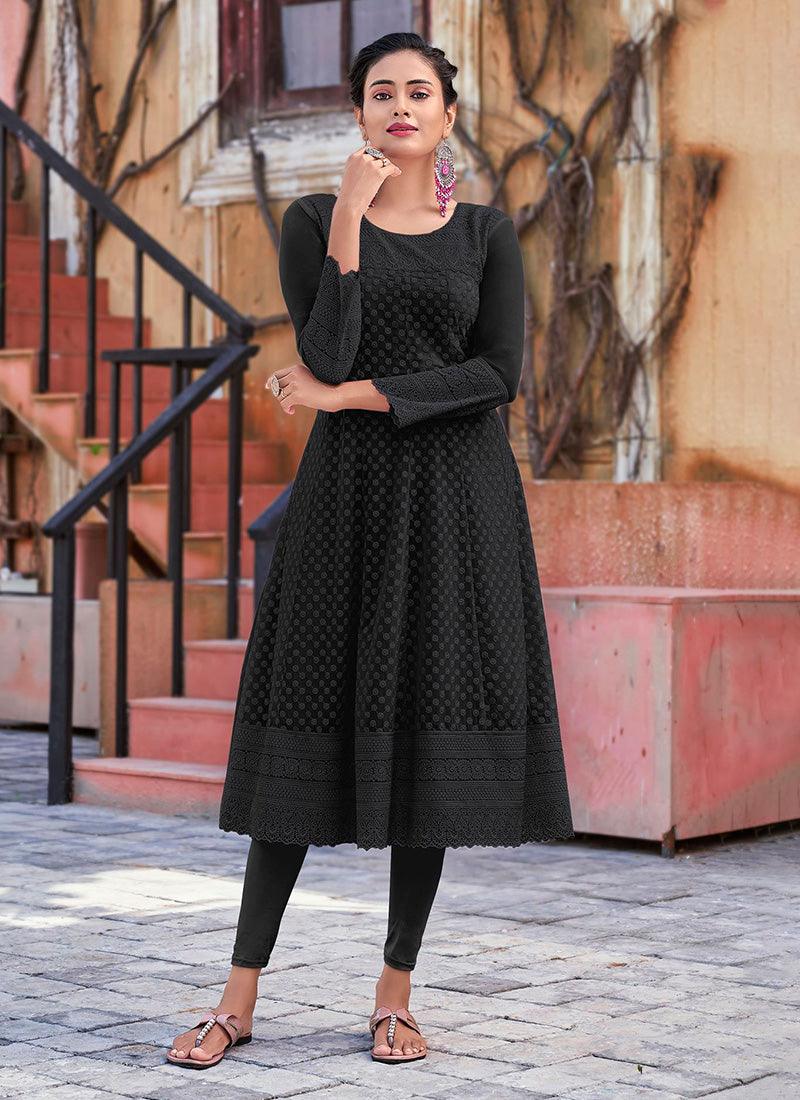 Black Color Georgette Base Chikankari Kurti With 3/4th Sleeves Cheapest Pice For Sale