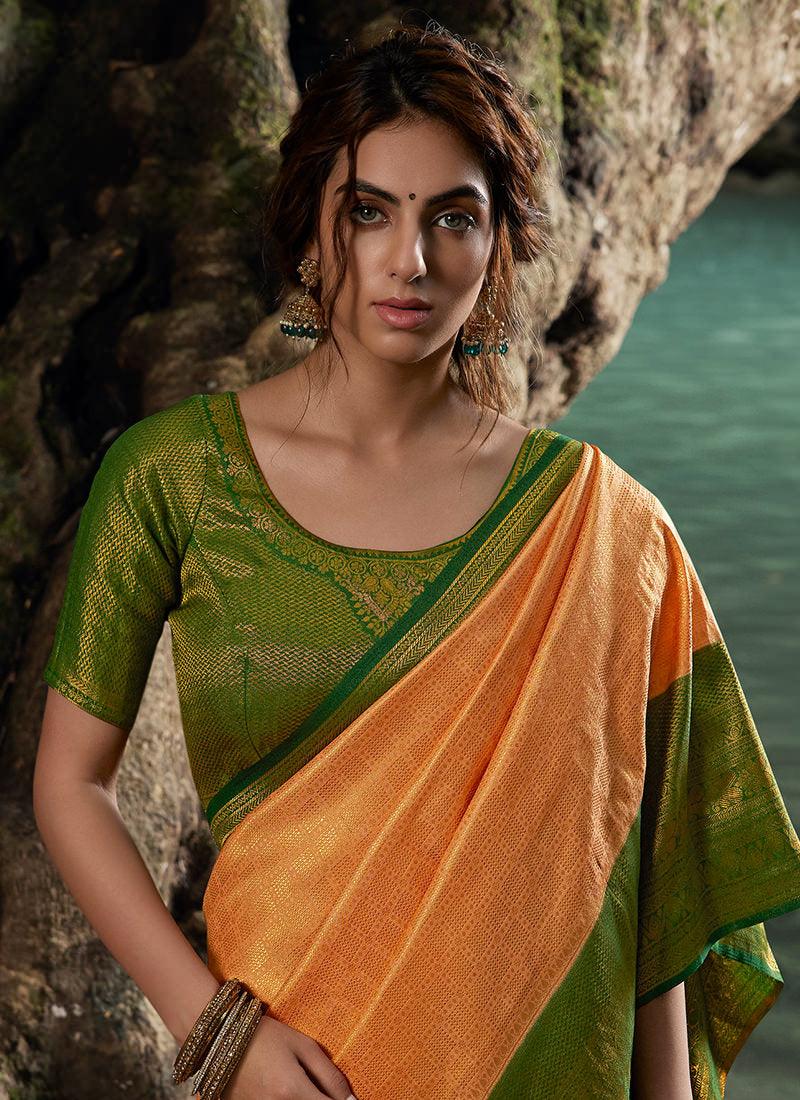 Silk Weave Light Orange Kanjivaram Saree Best For Sale