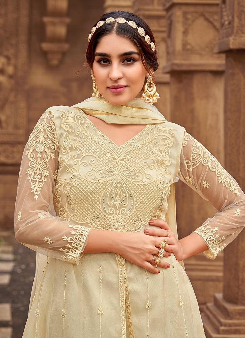 Cream Color Soft Net Base Slit-Cut Salwar Suit With Stone Work Clearance Affordable