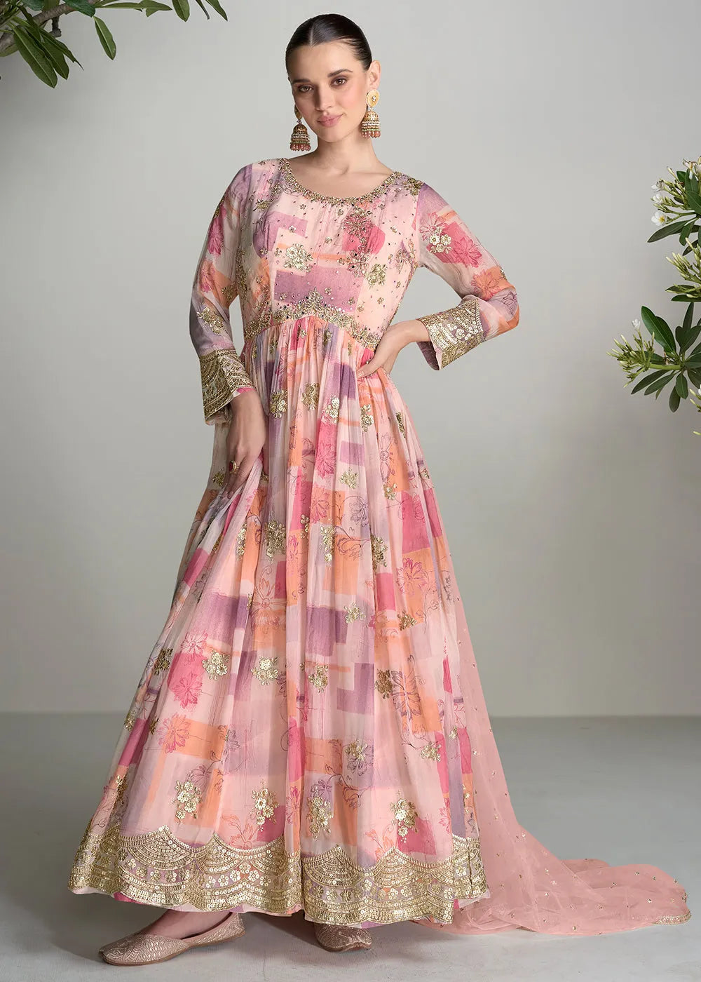 Pink Pure Chinon Printed Mirror Handworked Designer Gown Cheap Sale Pictures