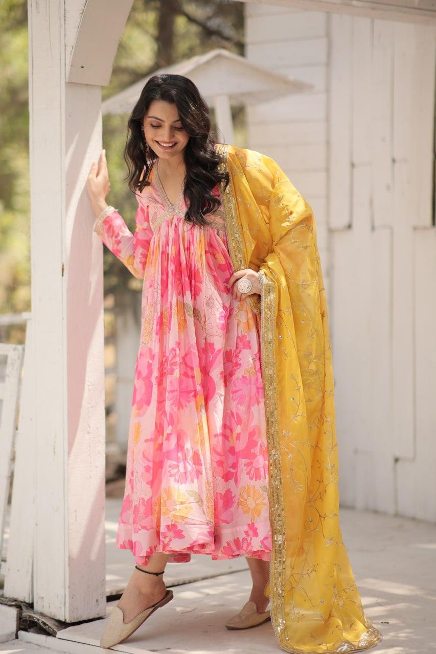 Amazing Russian Silk Floral Digital Printed Gown With Dupatta View For Sale