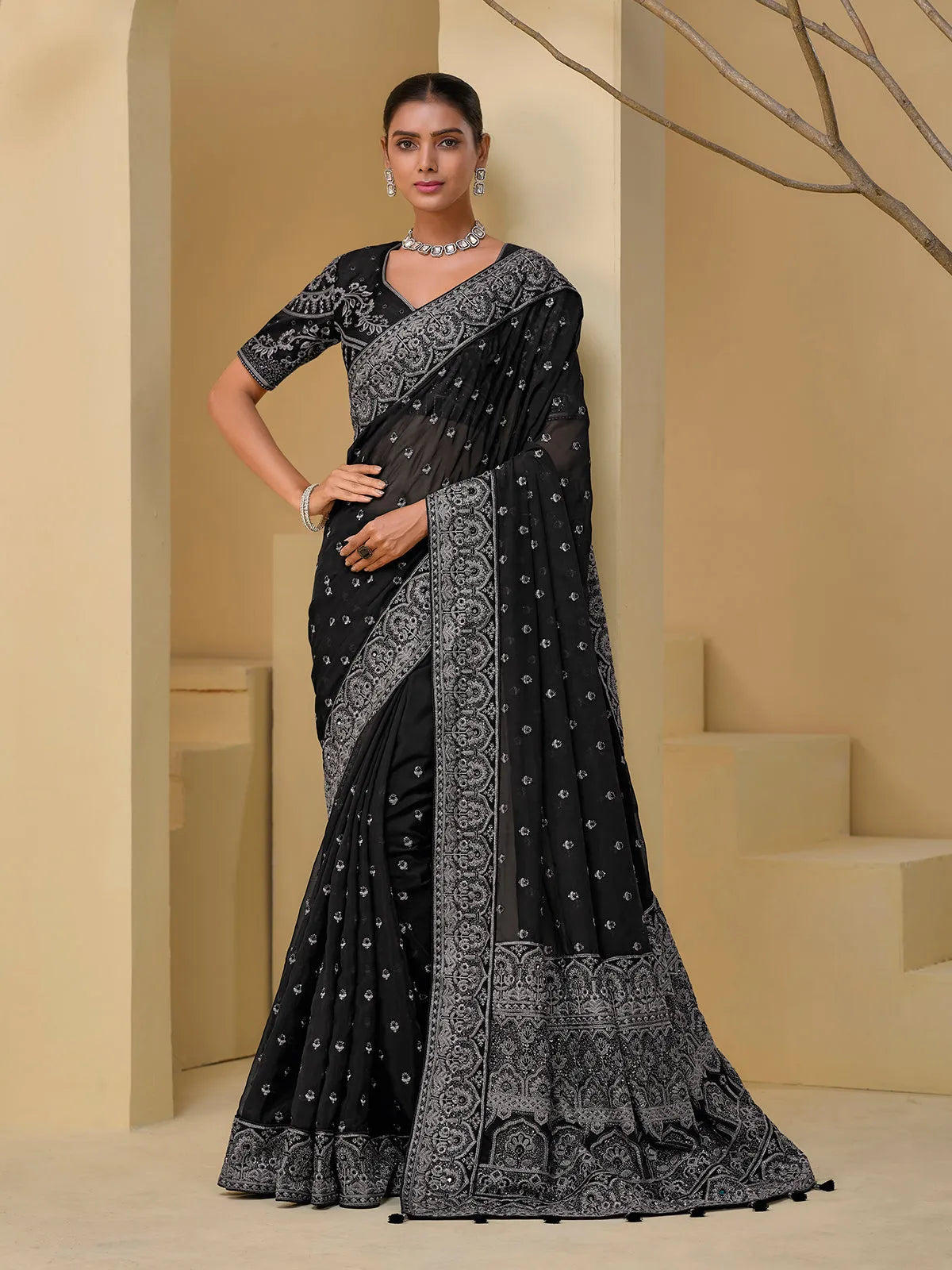 Fabulous Black Banarasi Silk Embroidered Saree Cheap Sale Pay With Paypal